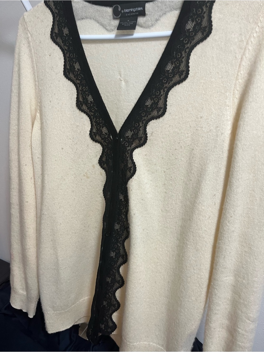 Bloomingdales Cream Cardigan with Black Lace Trim